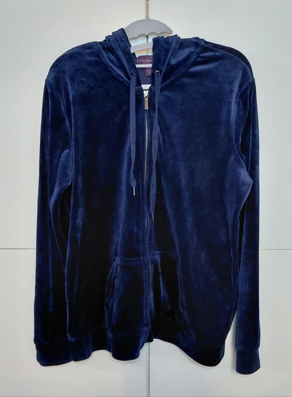Gloria Vanderbilt Women's L Navy Velour Zip-Up Hoodie Zip Front With Pockets